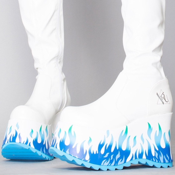NWT YRU Y.R.U. White Zen Flame Boots blue fire knee high platform gogo - Picture 6 of 11